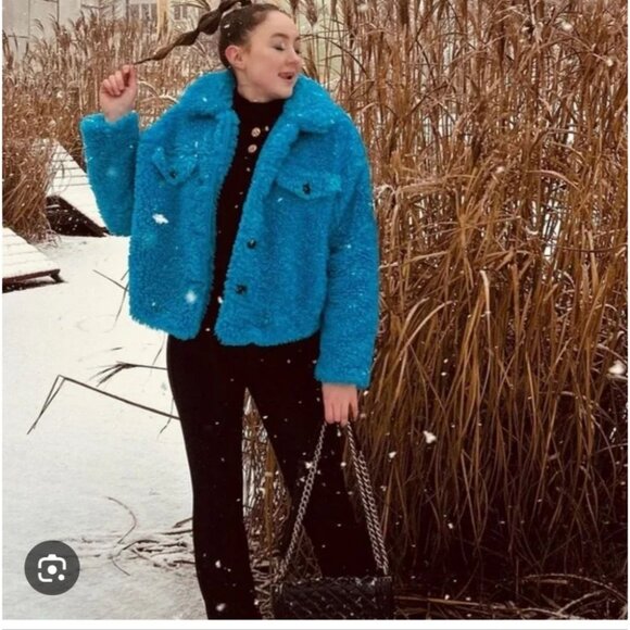 NWOT ZARA | Oversized Teddy Jacket Faux Fur Blue Sz S - Picture 3 of 8